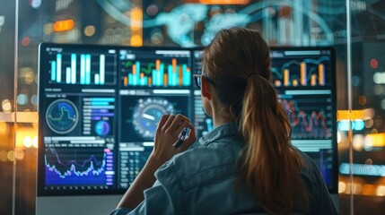 Fototapete - Digital marketing professional woman working with modern technology like computers and digital displays showing graphs and data analytics. Generative AI.