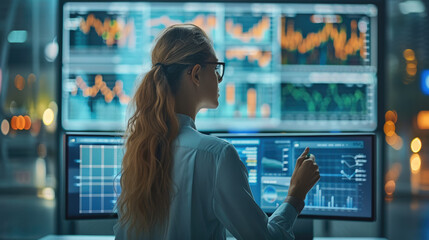 Poster - Digital marketing professional woman working with modern technology like computers and digital displays showing graphs and data analytics. Generative AI.