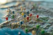 Sea shore map with highlighted routes and marked interest places by colored pins Vacation prep idea route planning concept Close up capture selective focus unr
