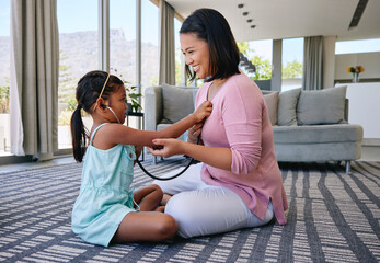 Canvas Print - Happy, parent and kid playing as doctor with stethoscope for child development, learning and fun. Family, bonding and girl listening for heartbeat, with medical tool for growth and education at home