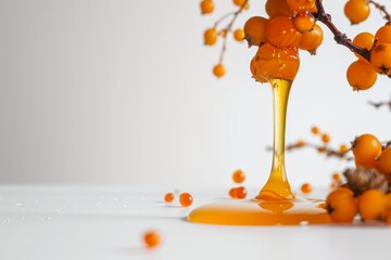 Wall Mural - Selective focus on white background with maple syrup and sea buckthorn berries