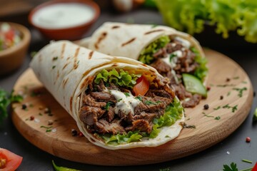Poster - Shawarma beef on lavash with salad and white sauce