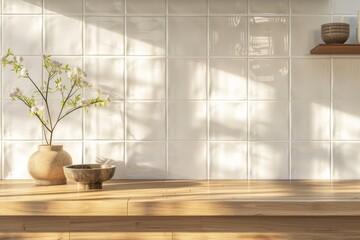 Poster - Simple Japanese style kitchen interior with a cozy counter and decorative vase