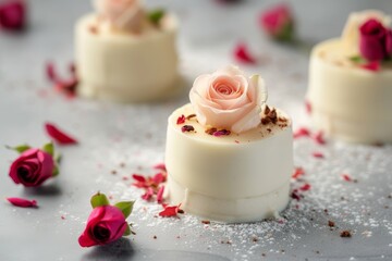 Poster - Small mousse pastry topped with white chocolate and adorned with a rose bud on a gray background Contemporary European treat