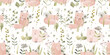 Cute foxes in the meadow with flowers. Watercolor seamless pattern. Creative childish background for fabric, textile, nursery wallpaper. Hand drawn illustration. Spring.