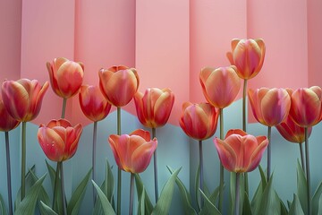 Wall Mural - Abstract minimalist 3D landscape with geometrically arranged tulips against a flat, color blocked background.