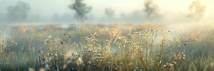 Poster - In the serene dawn, the slender wildflowers on the austere 3D prairie cast delicate shadows in the soft morning glow.