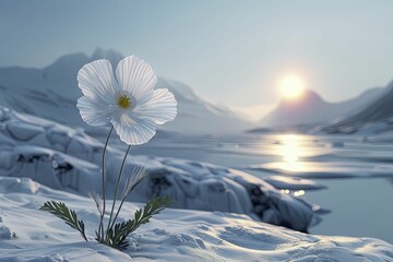 Sticker - A serene polar poppy stands alone in a stunning 3D arctic landscape, basking in the gentle glow of the midnight sun.