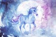 Illustrate a unicorn in watercolor with a fish-eye lens effect, creating an enchanting and dreamy atmosphere
