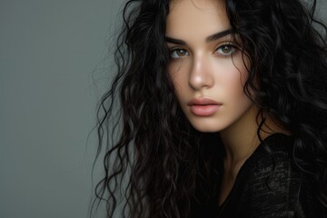 Wall Mural - Studio photo of gorgeous young brunette with long curly black hair