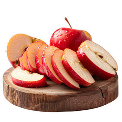 Canvas Print - Front view of a pile of cut apples on a wooden chopping board isolated on a white transparent background