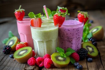 Canvas Print - Summer smoothies with a variety of berries on a wooden table