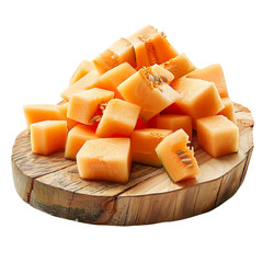 Canvas Print - Front view of a pile of cut cantaloupes on a wooden chopping board isolated on a white transparent background