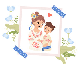 Wall Mural - Cute holiday photograph from happy Ukrainian mother and son in traditional clothes embroidered shirt with blue flowers. Vector illustration. Festive cultural national character family