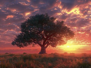 Poster - An elegant 3D landscape captures the serene beauty of a savannah at sunset, featuring a lone Baobab tree against a dramatic sky.