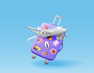 Wall Mural - 3D travel suitcase with stickers and airplane isolated. Render plastic bag. Travel or journey concept. Plastic case. trolley on wheels. Travel baggage and luggage. Realistic vector illustration