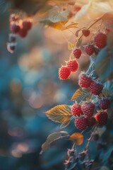 Wall Mural - Raspberry berries in the garden close-up. Blurred background