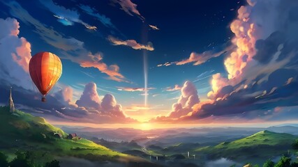 Wall Mural - Anime fantasy wallpaper background concept : A brightly colored hot air balloon floats across a twilight sky painted with orange and pink hues, generative ai