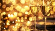 © AIChroma - Elegant wine glasses on a table, with a blurred background of golden lights and decorations, in a closeup view, a luxurious setting with reflections