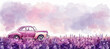 watercolor illustration of purple vintage car on the lavander background, summer travel time concept, banner