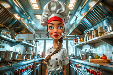 Wall Mural - Cartoon Caricature of a Female Chef.  Generated Image.  A digital illustration of a cartoon caricature of a female chef in her restaurant.