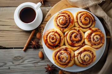 Wall Mural - Table with horizontal top view of almond cinnamon rolls