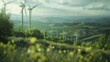 Defocused A dreamy blurred vision of rolling hills and lush forests perfectly contrasted by the crisp vertical lines of wind turbines reaching towards the sky. An image that effortlessly .