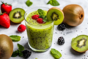 Wall Mural - Tasty kiwi smoothie and fresh fruits on marble table