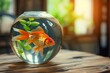 Text space available for beautiful bright small goldfish in round glass aquarium on wooden table