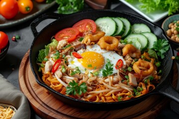 Wall Mural - Thai stir fried chicken noodles mixed with egg crispy squid and served with lettuce