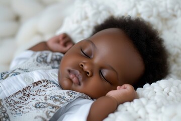 the black baby is peacefully asleep on a white bed