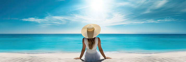 Wall Mural - A young woman seated on a sandy beach, adorned with a sun hat, gazes towards the endless ocean waves in the distance.