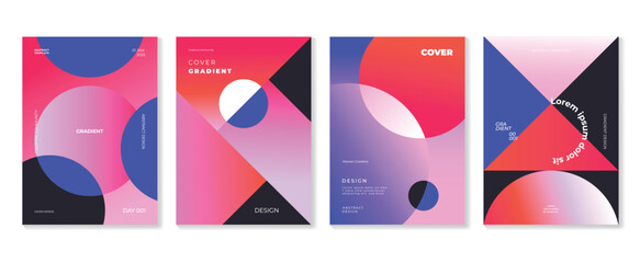 Abstract gradient background vector set. Minimalist style cover template with vibrant perspective geometric prism shapes collection. Ideal design for social media, poster, cover, banner, flyer.