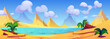 Desert landscape with dunes and lake. Cartoon vector illustration of empty drought sand scenery with hills, water pond or river with bushes on shore, blue sky with clouds on sunny summer day.