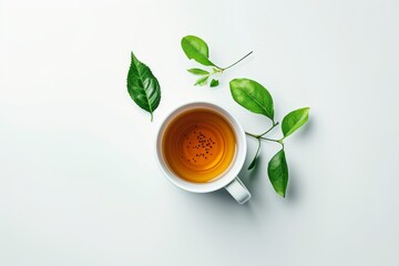 Wall Mural - Top down image of a hot tea cup adorned with green leaf on white backdrop representing organic tea ceremony
