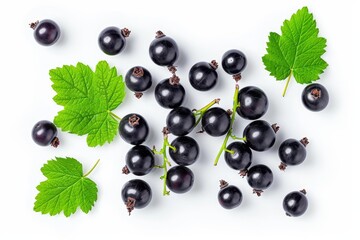 Wall Mural - Top down view of isolated black currant with leaf on white background Flat lay design