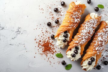 Wall Mural - Top view image of traditional Italian dessert cannoli siciliani on a light background with space for text