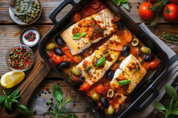 Poster - Top view of a baking pan with delicious Bass fish fillets in Mediterranean sauce tomatoes olives and capers on rustic wooden background