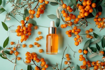 Sticker - Top view of a cosmetic bottle containing an organic sea buckthorn oil remedy derived from ripe berries for skin care and nutrition equipped with a