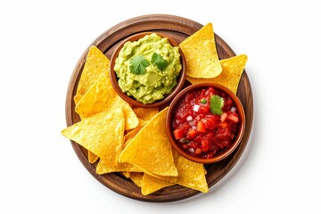 Wall Mural - Top view of a wooden plate filled with Mexican nachos guacamole salsa and cheese dip on a white background