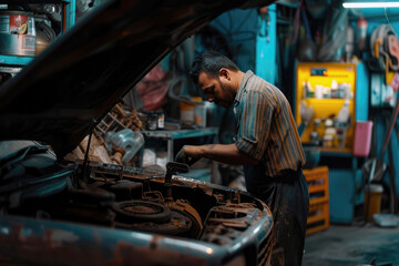 Car mechanic working on and fixing a car engine in the garage workshop.