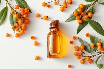 Poster - Top view of fresh berries and sea buckthorn oil on a white background