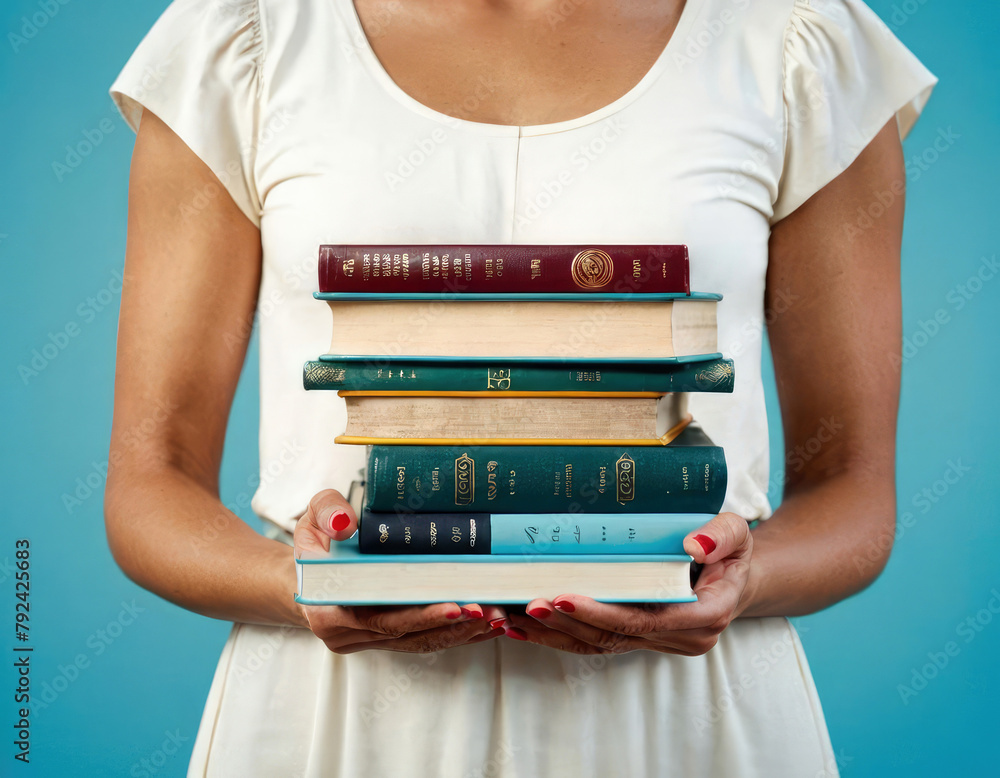 Female hands holding a stack of books on a light blue background ...
