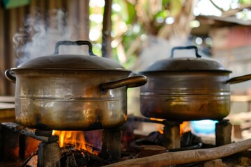 Traditional Colombian stove with two iron pots lit with wood cooking on a farm in Colombia showcasing typical gastronomy