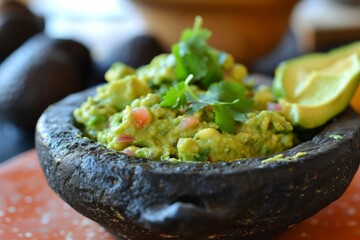 Wall Mural - Traditional Mexican method of preparing authentic guacamole with an avocado on a molcajete