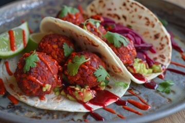 Wall Mural - Vegan taco wraps with beetroot and pea protein meatballs avocado guacamole sweet chilli sauce and lime wedges