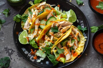 Poster - Vertical close up view of loaded corn taco shells with shredded chicken breast greens and veggies on a black plate accompanied by lime and buffalo sauce placed