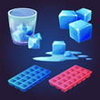 Ice cube tray vector. Melt water mold cartoon icon. Container for solid square icecube. Plastic block and frosty element for food or drink in summer. Isometric freezing form and puddle drawing set
