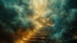 Fototapeta  - Stairway to heaven among the sea of clouds. Religious background.