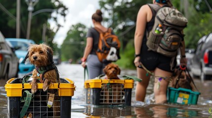 Volunteer group helping to evacuate pets from a flood-affected area, animals in carriers, emphasizing compassion and community effort.